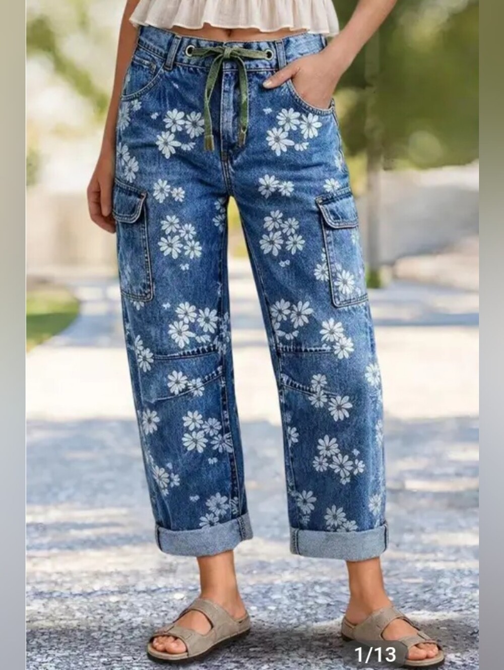 Flamingals Floral Print Roll Hem Drawstring High Waist Barrel Leg Crop Jeans NWT